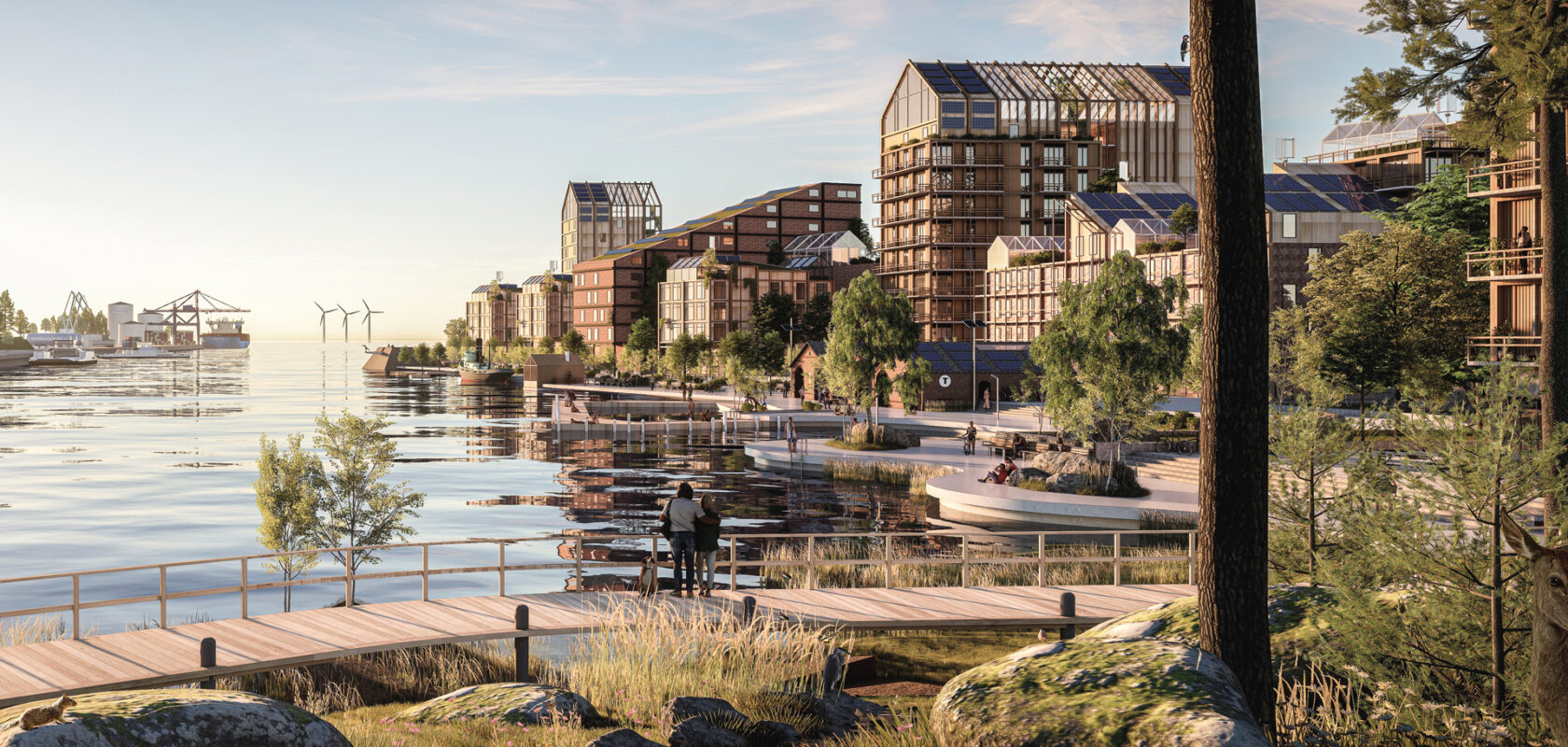 Visualisation of green city with waterways, greenery and renewable energy windmills in the distance